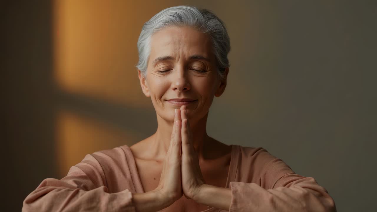 Starting lift senior woman raising chin, opening eyes in room hands pressed pink top gaining focus
