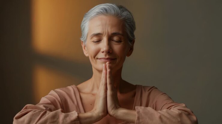 Starting lift senior woman raising chin, opening eyes in room hands pressed pink top gaining focus