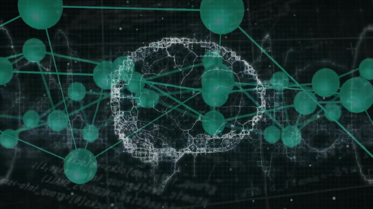 On activation wireframe brain forming by spheres floating pulsing dissolving to show data flow