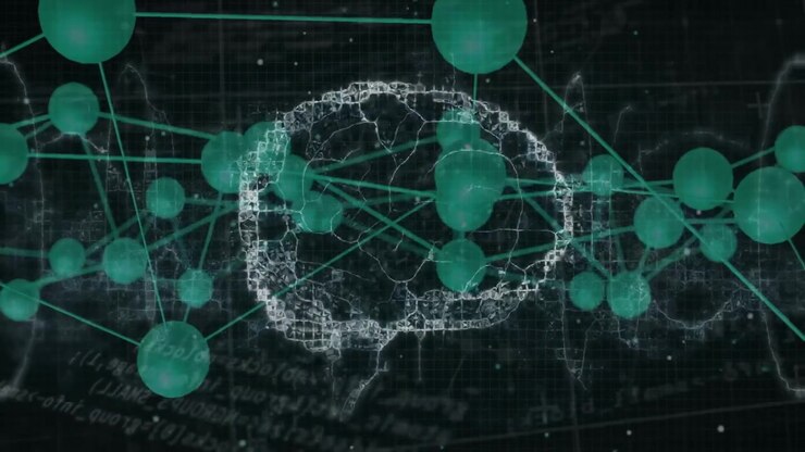 On activation wireframe brain forming by spheres floating pulsing dissolving to show data flow