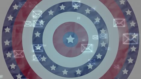 Mehrere-Umschlagsymbole-Bewegen-Sich-Gegen-Kreise,-Während-Sich-Die-Amerikanische-Flagge-Dreht