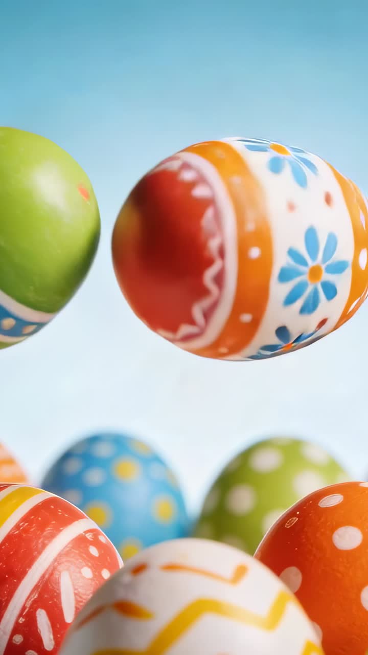 Vertical video: Floating decorated eggs drifting after orange egg tilt in studio, revealing motifs