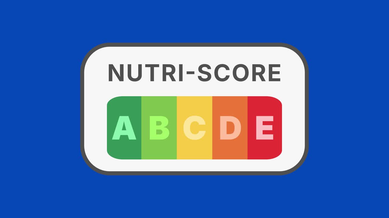 Animated Nutri-Score label with letter E popping up on blue chroma key in a seamless loop