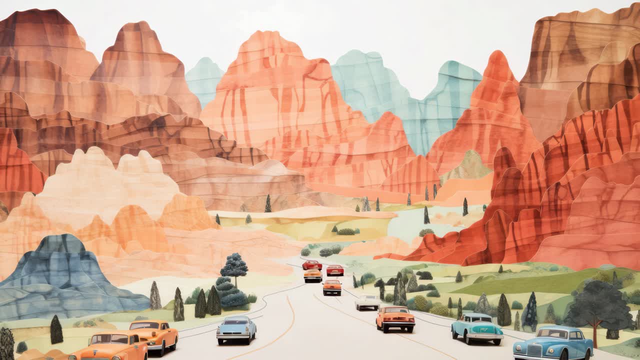 Aerial view of vintage cars on a winding road through stylized, colorful mountains