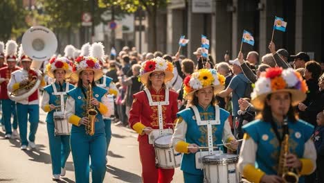 vibrant parade featuring musicians in colorful costumes, enlivening the streets with cheer and energy while spectators wave flags in excitement