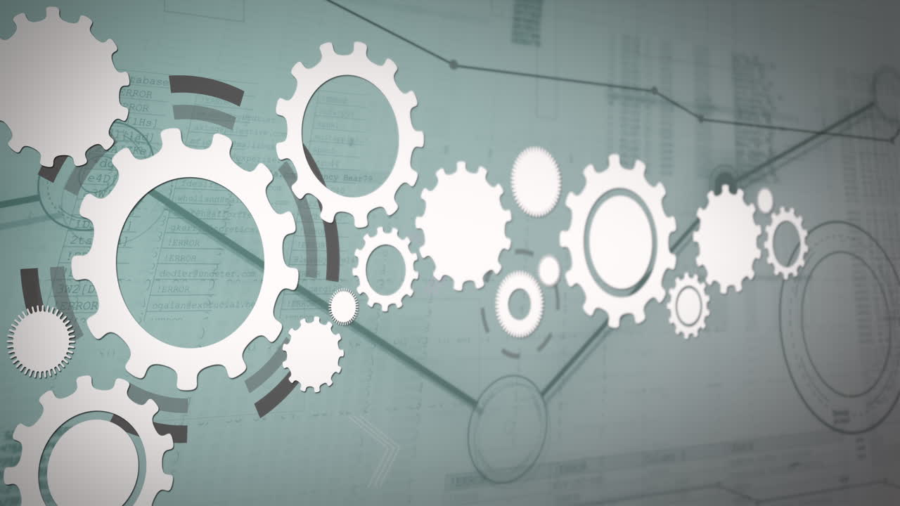 los engranajes giran sobre el fondo de una red digital.