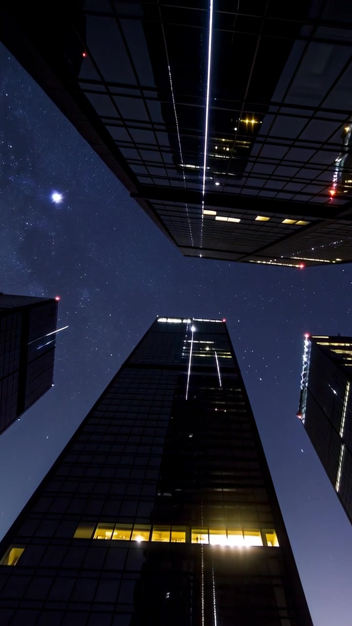 Vídeo vertical: Torre emoldurando e refletindo linhas de LED e faixa no cânion enquanto o crepúsculo se esvai, estrelas surgindo