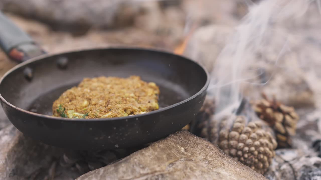 Slowmotion shot of fresh food being cooked in a pan on an open fire, camping tribal food