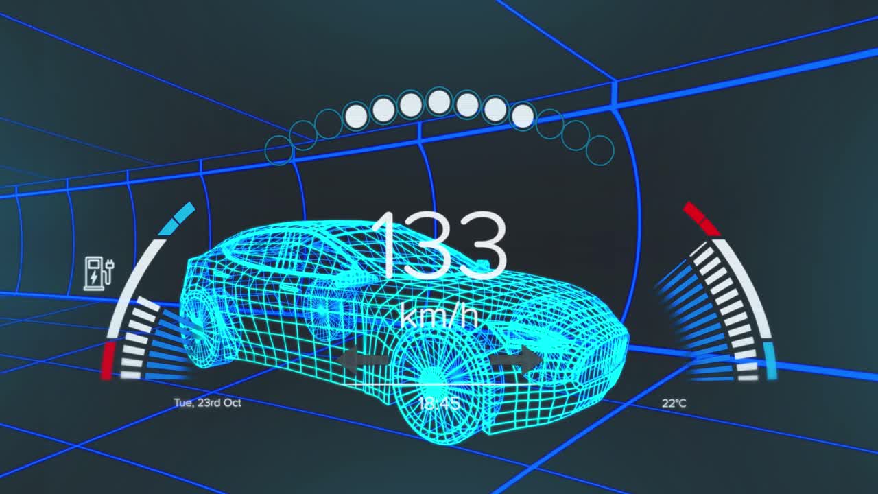 animación del velocímetro, el gps y los datos del estado de carga en la interfaz del vehículo, en un modelo de coche 3d