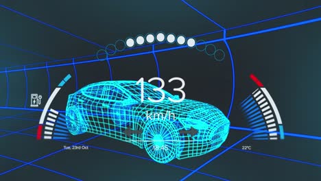 Animation-Von-Tachometer-,-GPS--Und-Ladestatusdaten-Auf-Der-Fahrzeugschnittstelle,-über-3D-Automodell