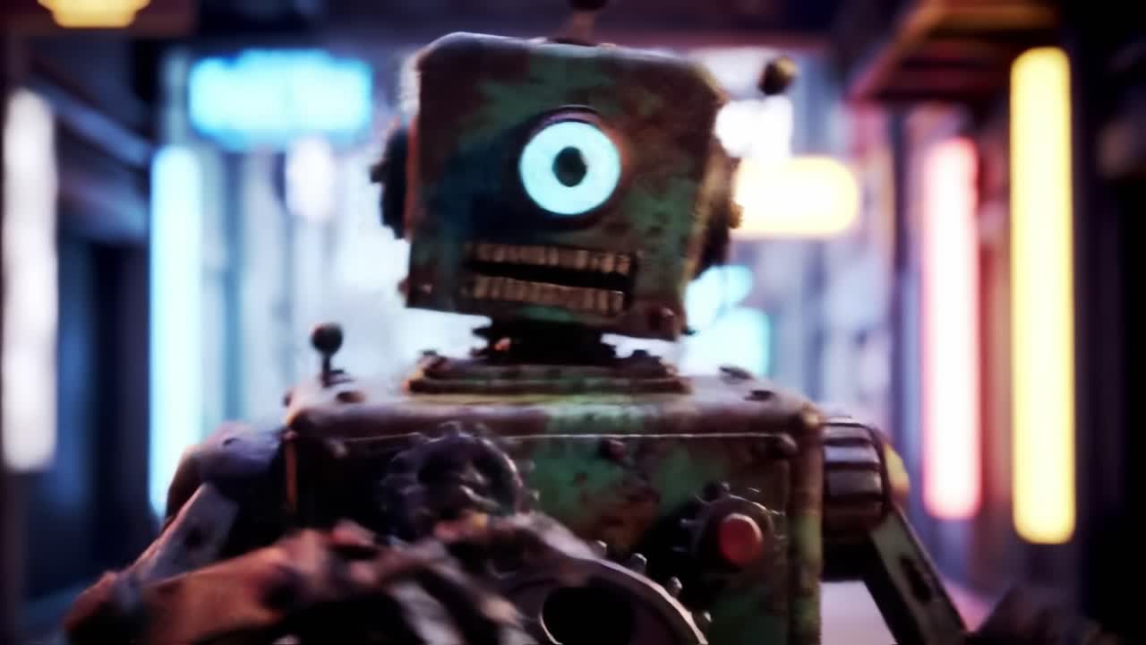 In a vibrant urban area illuminated by neon signs, a charming vintage robot waves to passersby. The atmosphere is alive with excitement and energy as city life buzzes around.