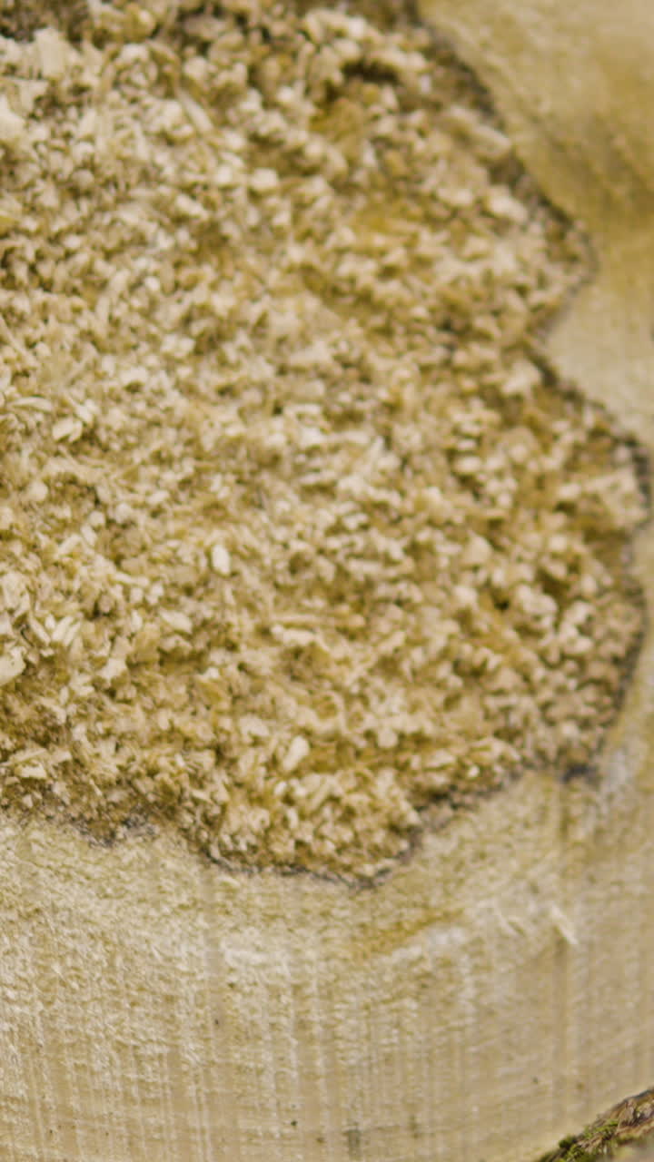 Una macro verticale che mostra la texture dettagliata di un tronco appena tagliato e trucioli di legno. Ideale per silvicoltura, industria del legno e contenuti ambientali.