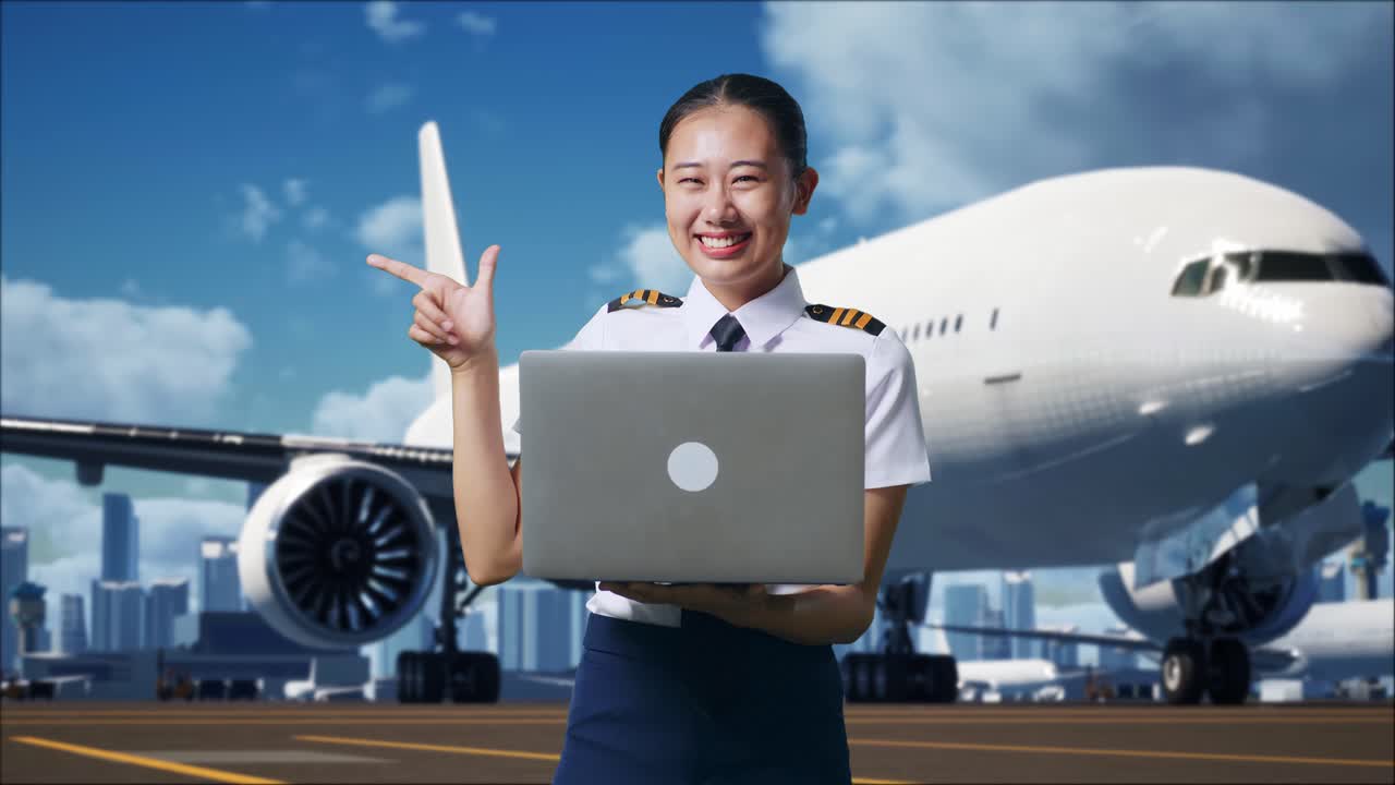 아시아 여성 조종사 가 노트북 을 사용 하고 배경 에 비행기 와 함께 공항 에 서 있는 동안  을 가리키고 있다