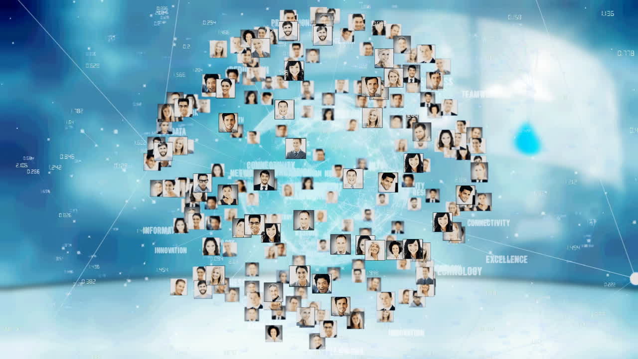 Animation of networks of connections with people photographs over globe