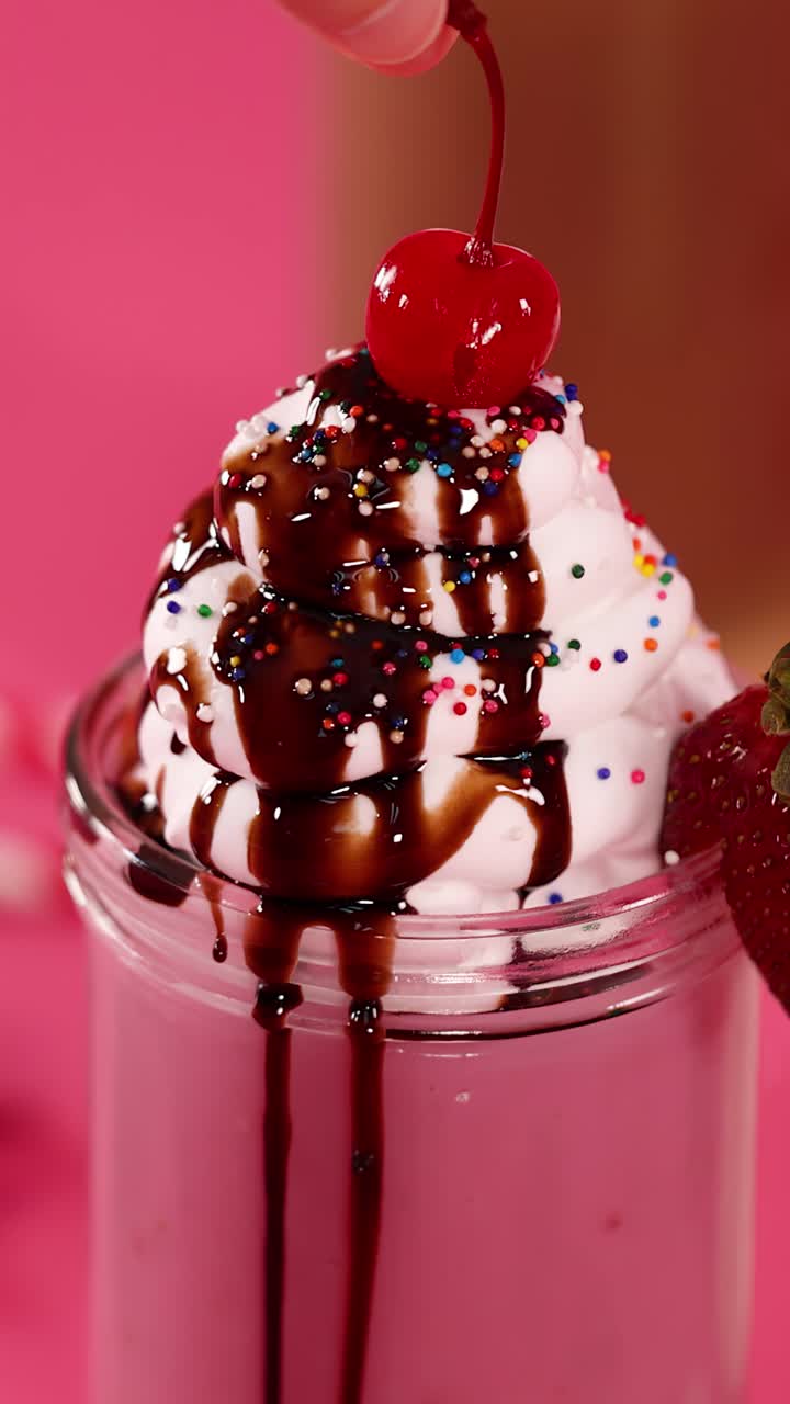 Una mano posiziona una ciliegia sopra panna montata, sciroppo al cioccolato e codette di zucchero su un milkshake alla fragola, sfondo rosa.