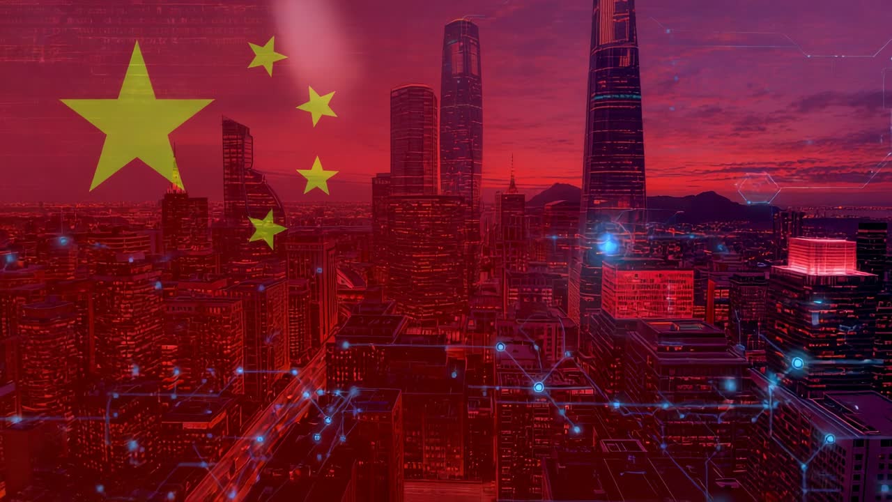 Com o esmaecimento da bandeira chinesa ao entardecer, o horizonte revela linhas pulsantes e nós mostrando o fluxo de dados