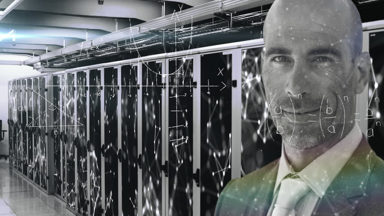 ecuaciones matemáticas sobre el retrato de un hombre en un servidor de computadora.