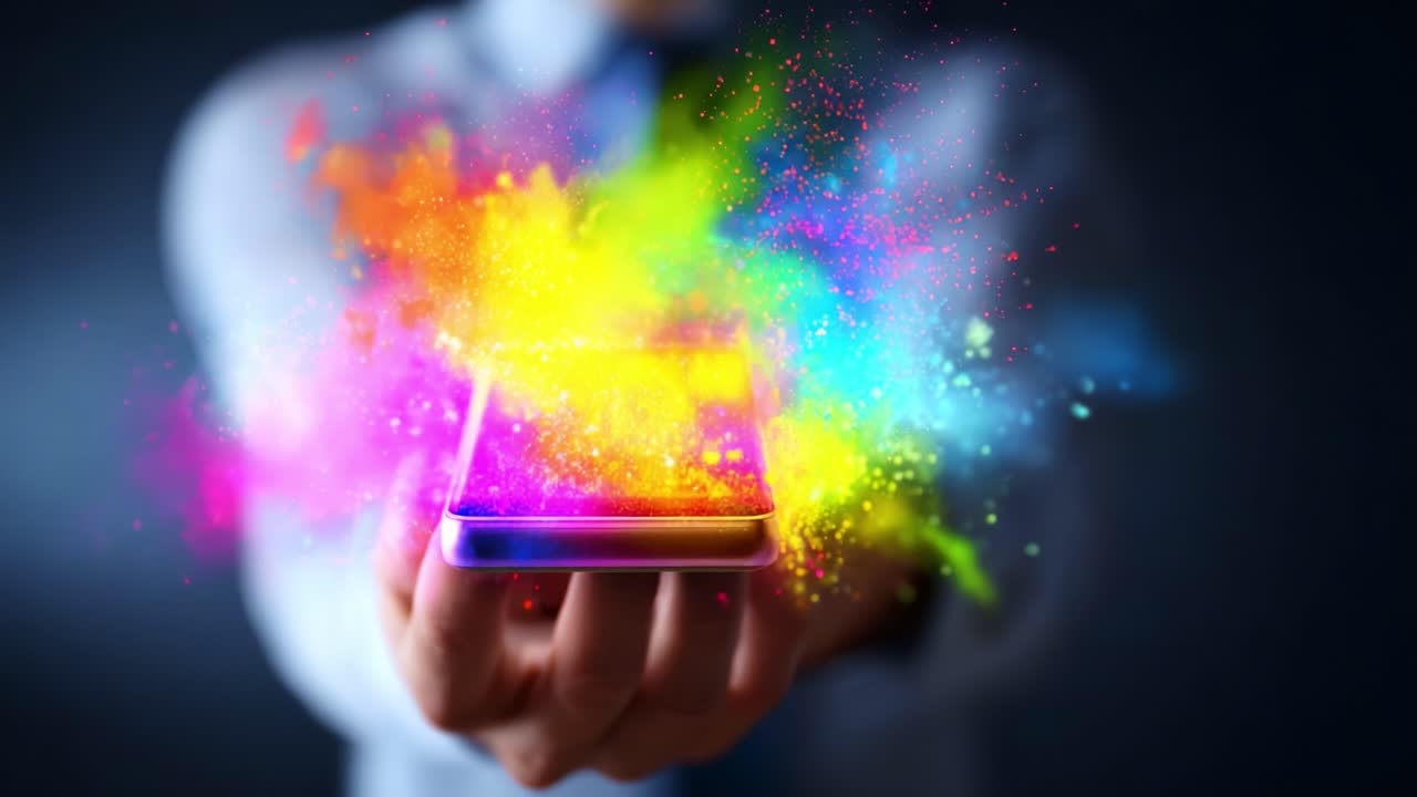 A colorful explosion of vibrant splashes and dynamic patterns emanates from a smartphone, showcasing creativity and technology merging in an eye-catching visual display of artistry
