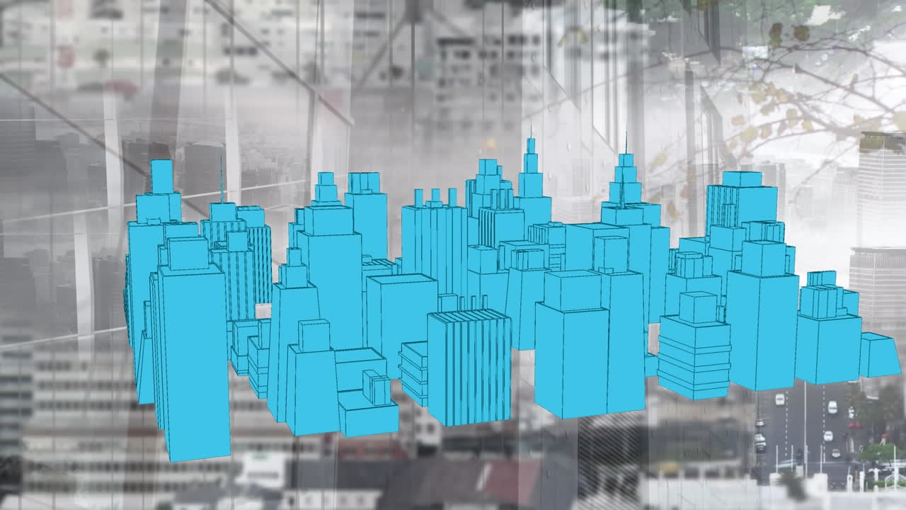 Animation of 3d city drawing spinning over cityscape