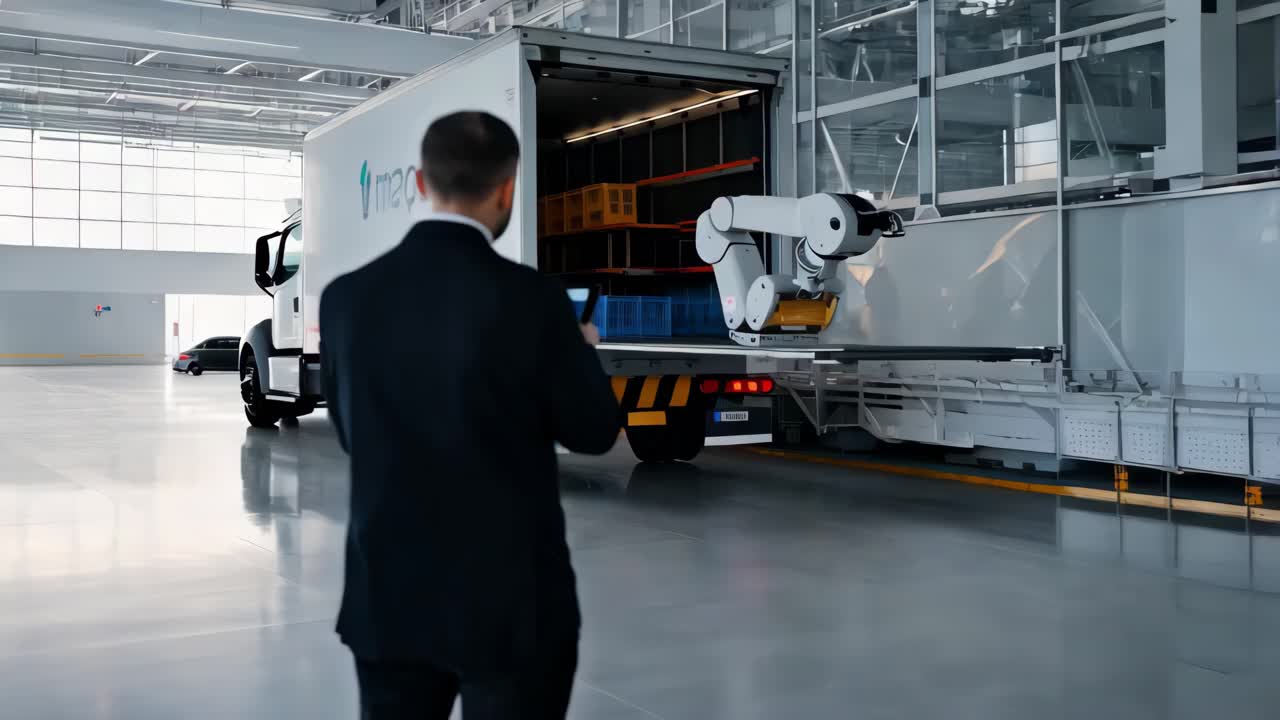 бизнесмен, контролирующий автоматизированную погрузку грузовиков