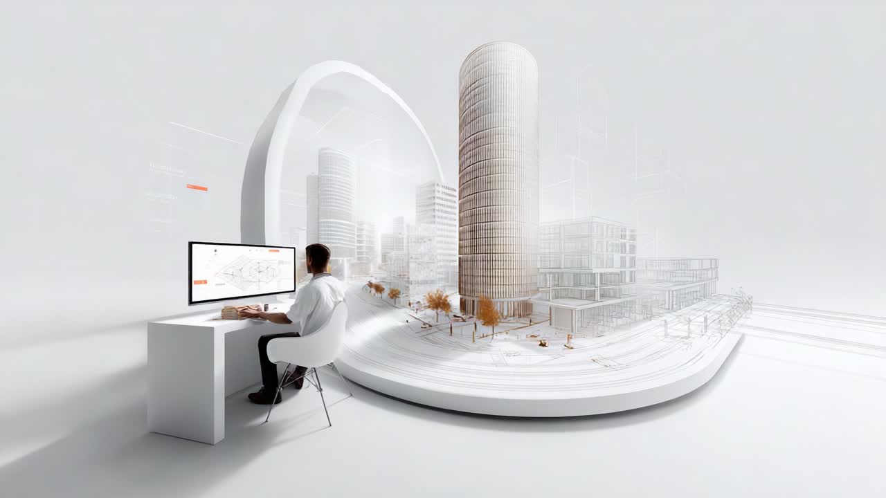 A futuristic vision of urban architecture crafted on a computer screen, showcasing a blend of technology and design in an immersive digital workspace environment
