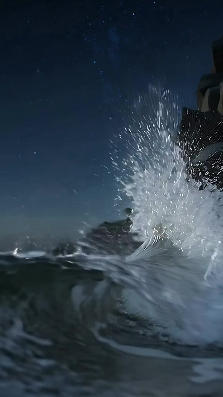 Vertical video: Pushing swell driving breaking wave into rocky cliff at night, creating tall spray