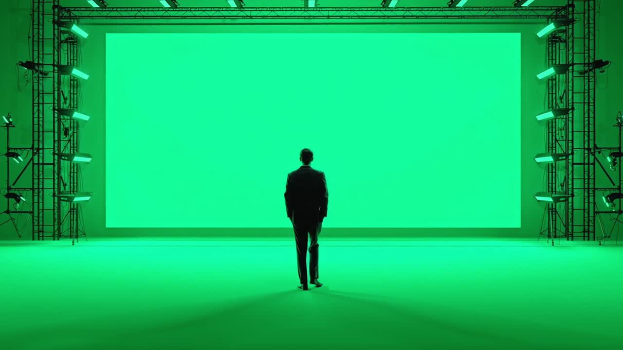 Uomo che cammina verso un green screen in uno studio