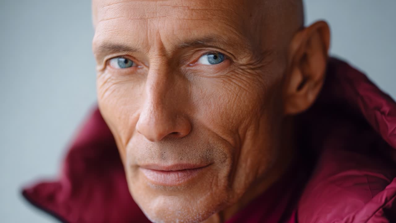 Close-Up Portrait of an Older Man with Confident Expression and Intense Blue Eyes, Highlighting Facial Features and Textures in a Natural Light Setting