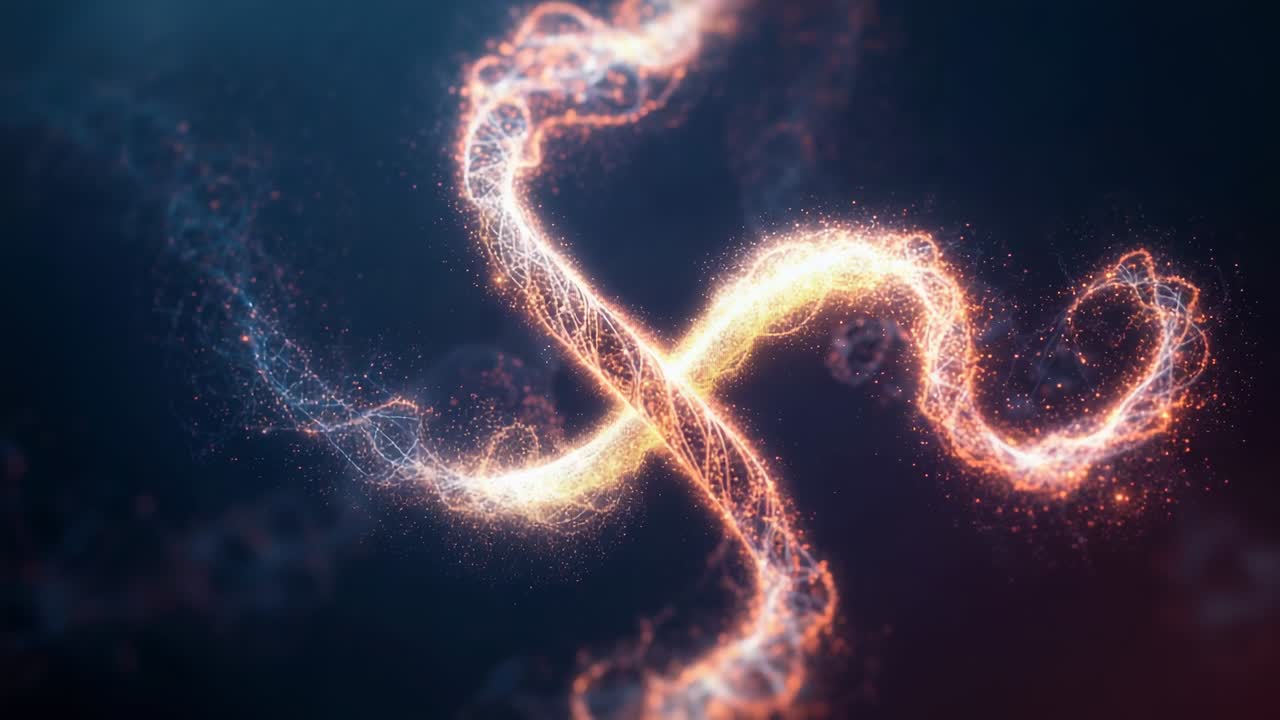 Curving to center, orange and cyan strands crossing in dark field, revealing helical lattice