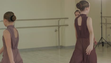 검은색 댄스웨어를 입은 젊은 발레 학생들이 나무 바닥과 벽에 장착된 바를 가진 넓은 발레 스튜디오에서 자세를 연습하는 그룹.