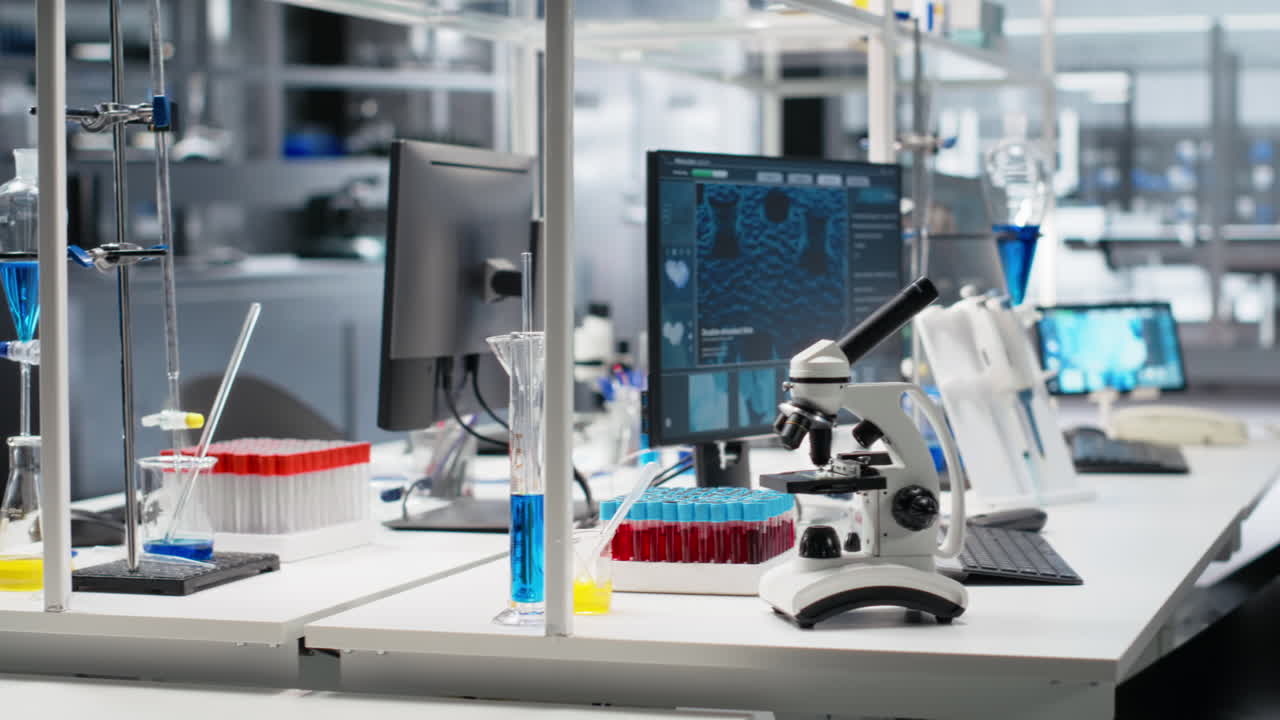 Vertical video Scientific microscope in medical laboratory used for cellular analysis