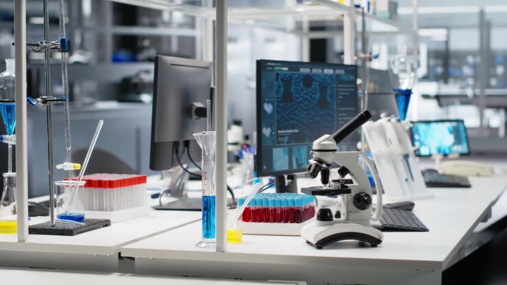 Vertical video Scientific microscope in medical laboratory used for cellular analysis