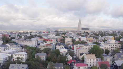 city of reykjavik with popular tall landmark hallgrimskirkja church, aerial