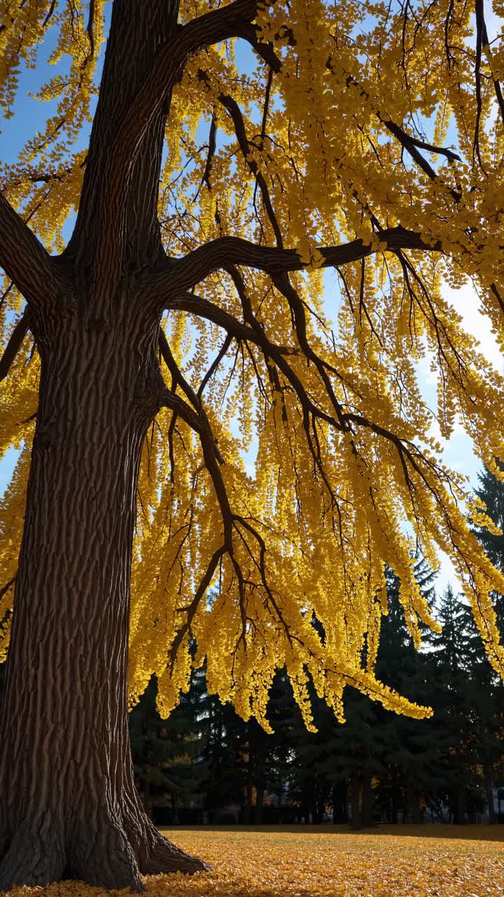 A majestic tree with golden leaves captured from a low-angle, showcasing its grandeur