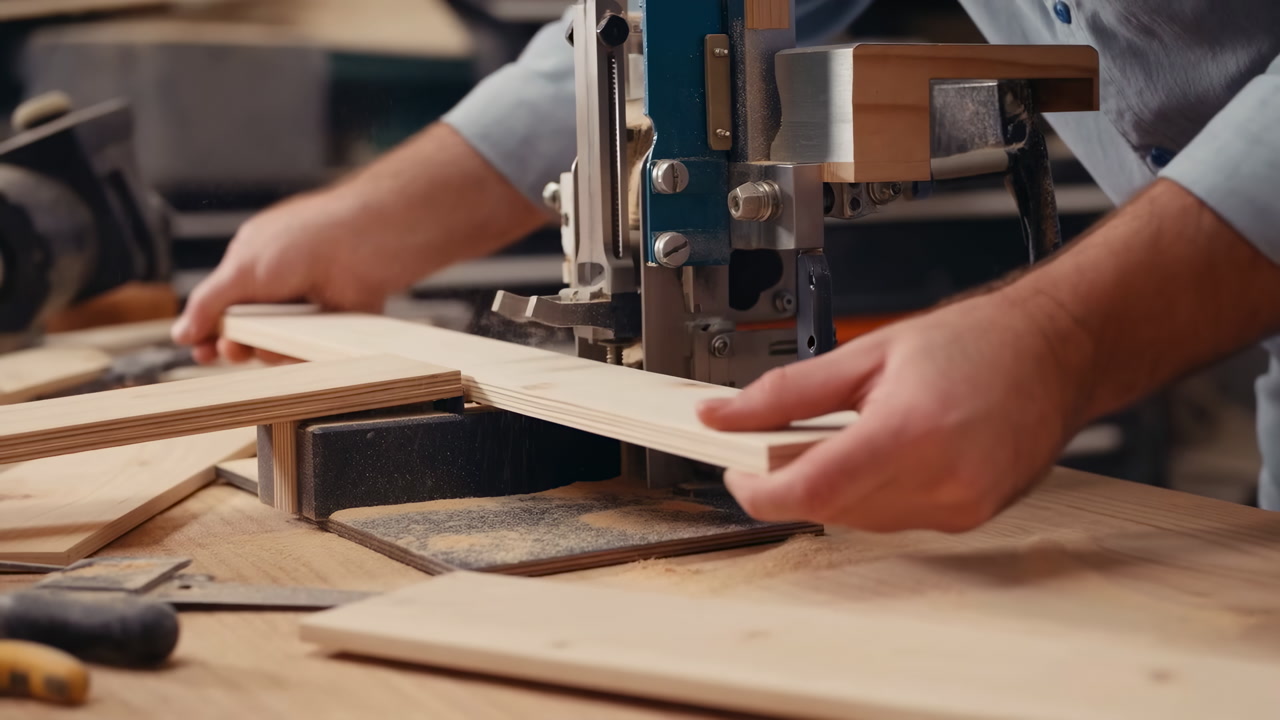 Close Up Hands Assembling Wooden Frame, Carpenter Guiding Plank Through Router On Workshop Bench, Scattered