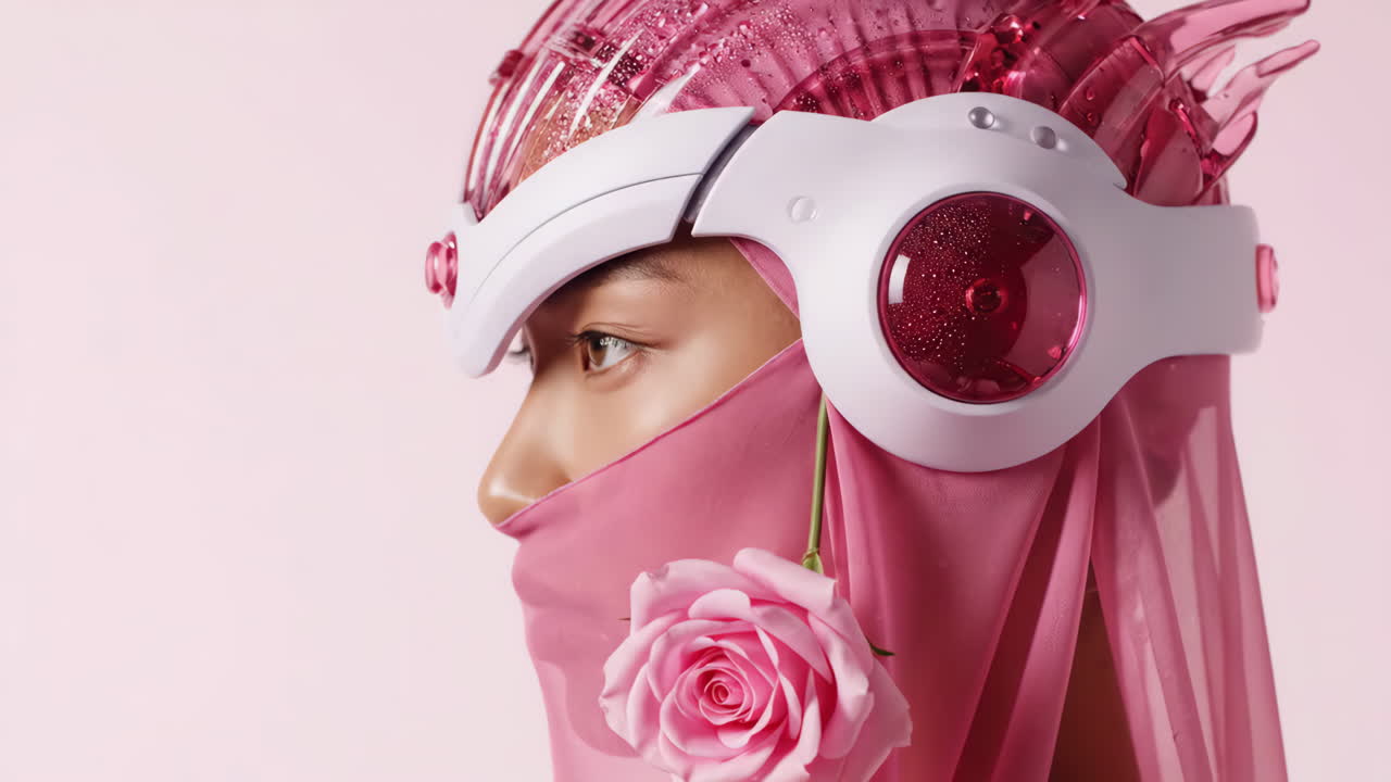 Woman in pink veil and helmet with rose