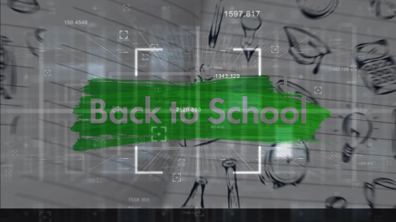 Animation of back to school text over school items icons on white background