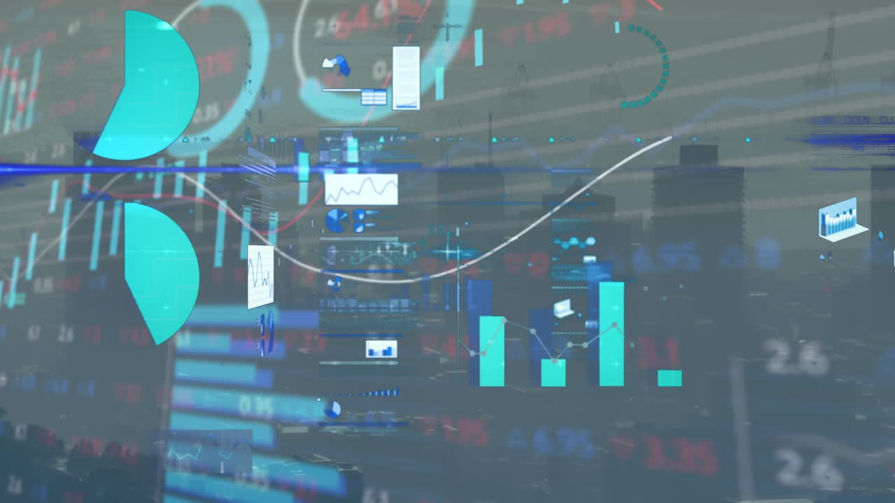 animazione dell'elaborazione dei dati statistici e del mercato azionario rispetto alla vista aerea del paesaggio urbano