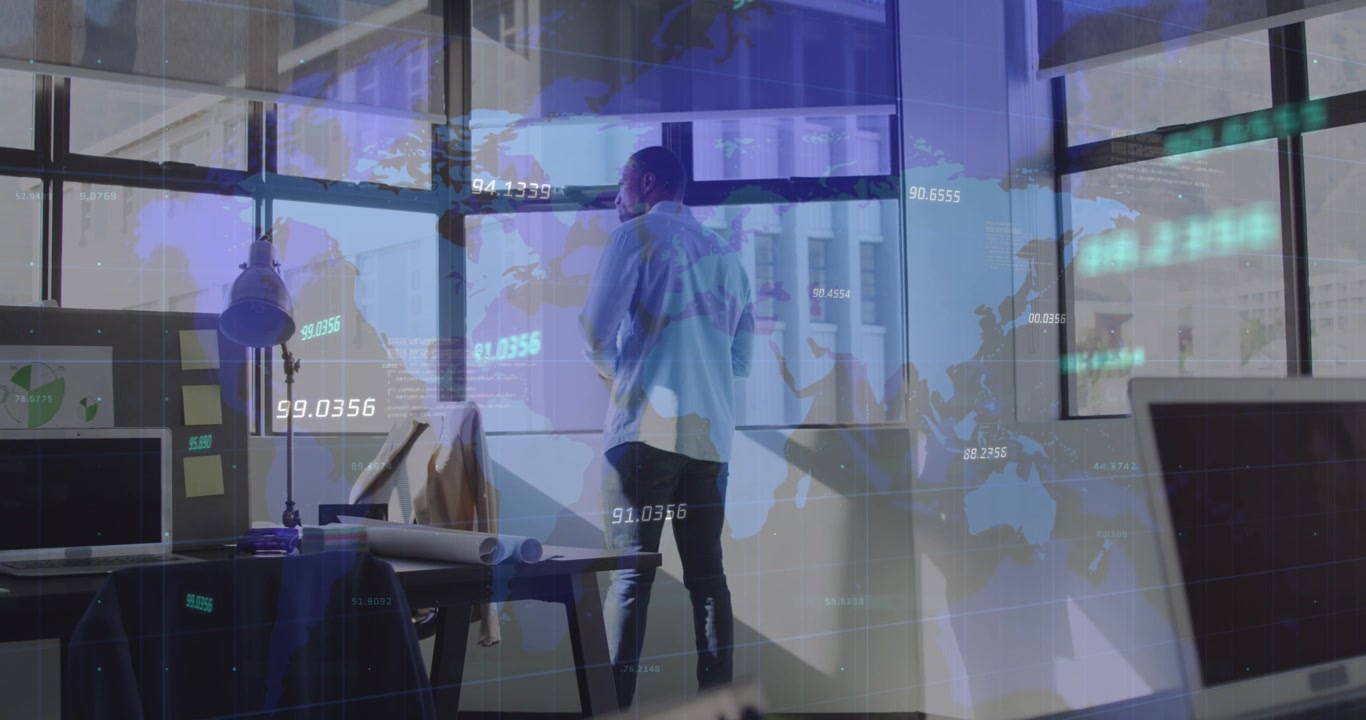Animation of financial data and world map over african american businessman in office