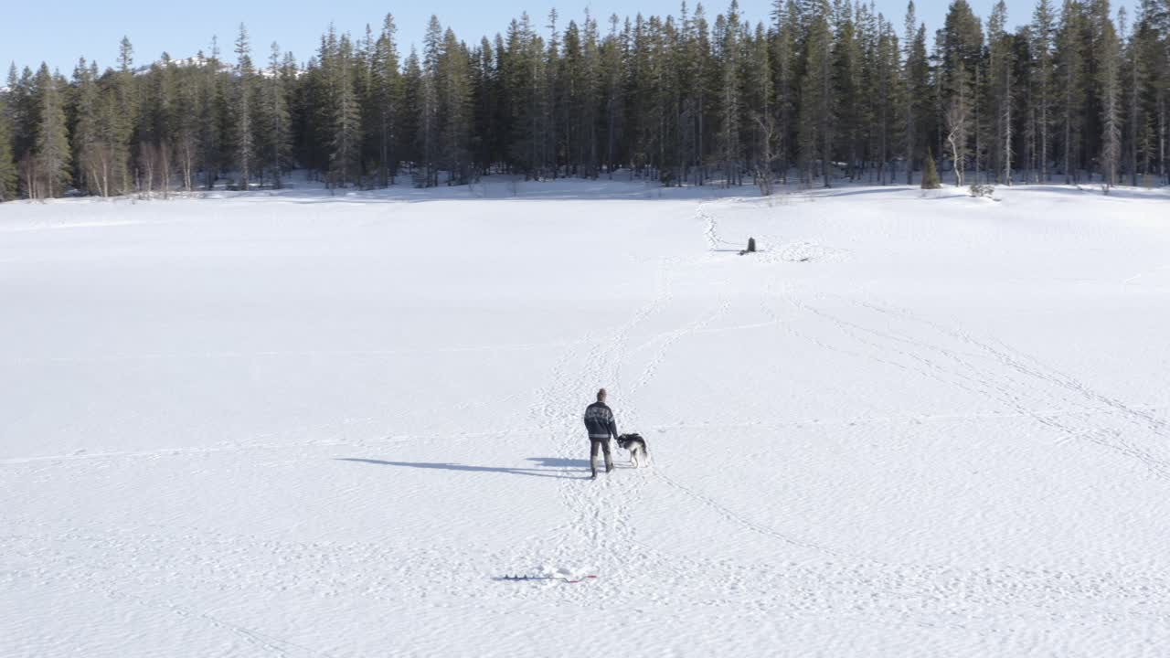 Veduta aerea con drone di un uomo che cammina con il suo cane domestico in un paesaggio ghiacciato