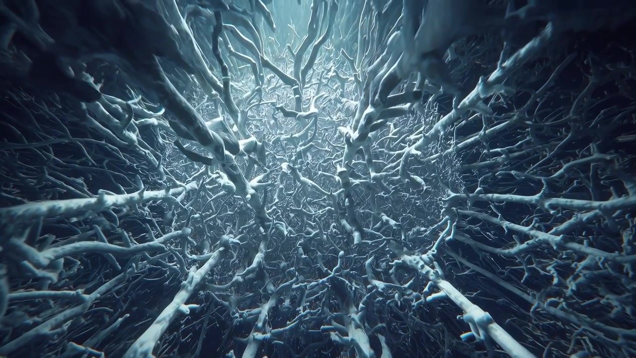 Starting camera viewpoint ascending slowly through frosted limbs in woods, revealing central light