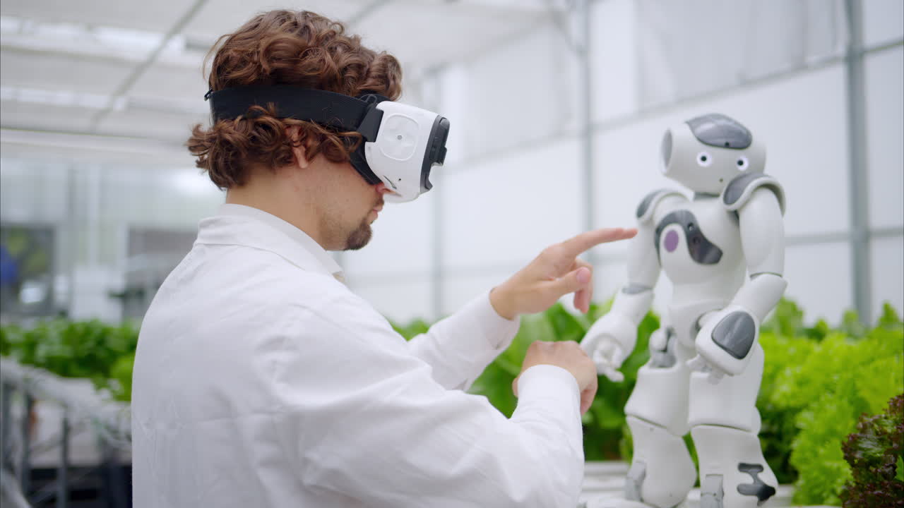 Laboratory technician in a white coat wearing virtual reality headset interacting with humanoid robot near different types of lettuce in a greenhouse farm