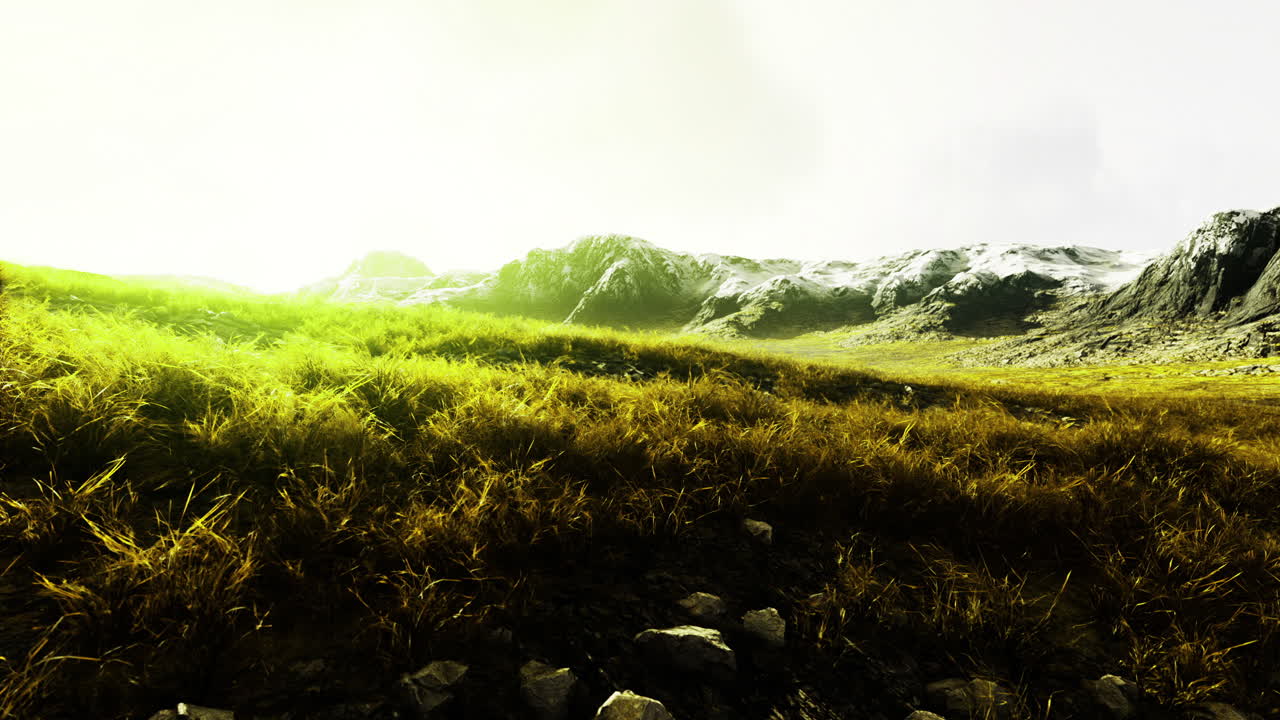 Mountains and golden grass under a radiant sun in a serene landscape