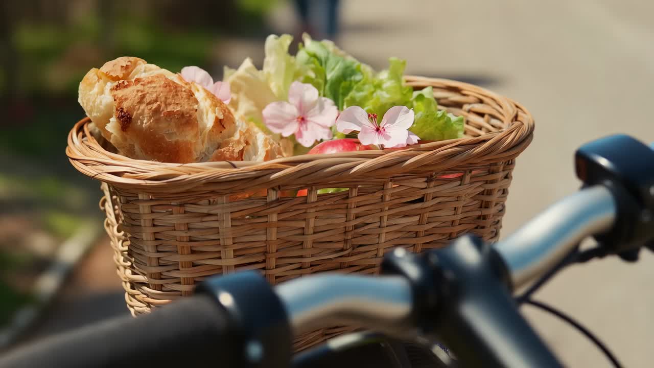 Eine Zoom-Kamera bewegt sich auf einen Korb am Lenker auf einem Weg zu, der Brot, Salat, Äpfel und Blüten zeigt