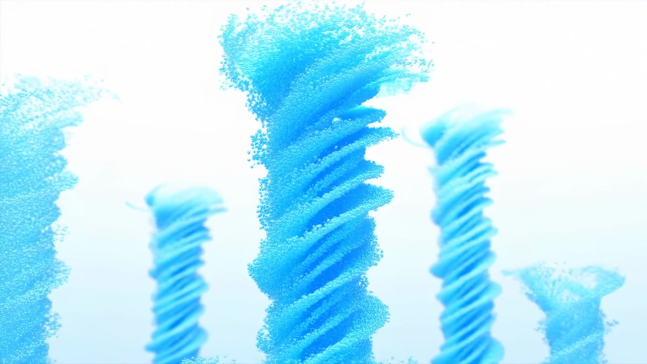 Blue Ink Columns Swirling Underwater Cinematic Slow Motion K Loop. Vibrant Cyan Particles Spiral Around Tall