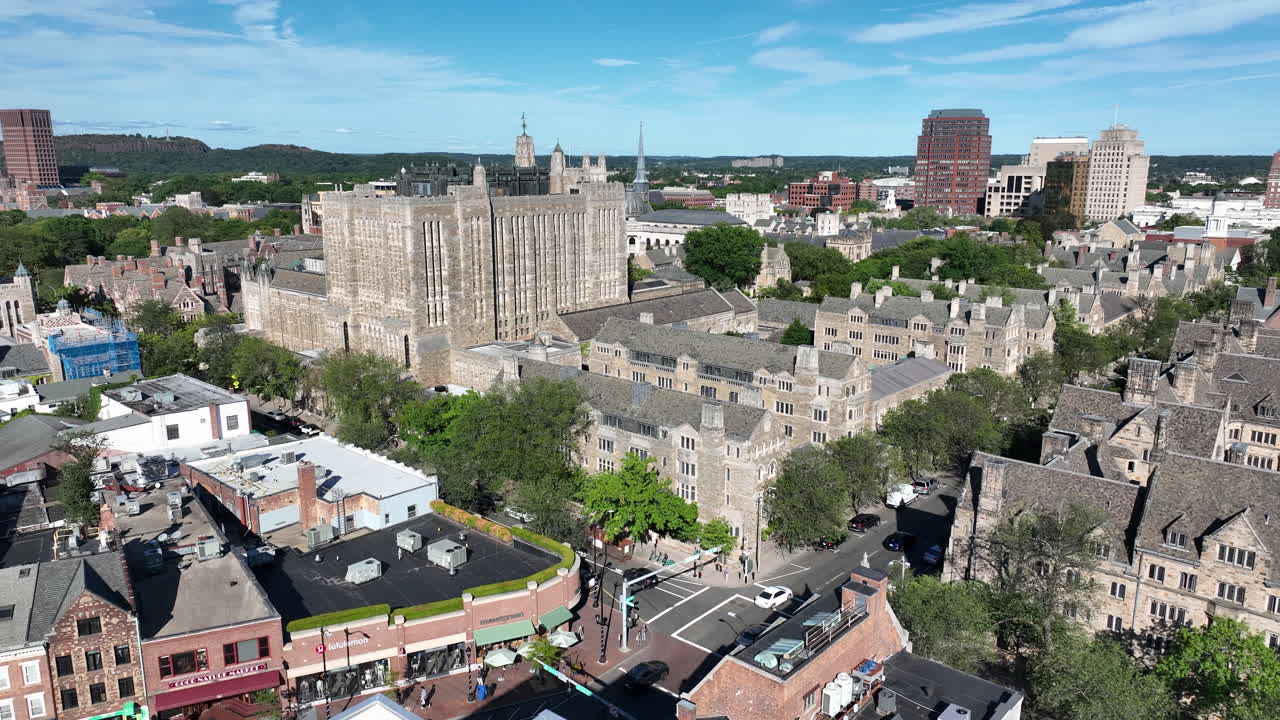 Sterling Memorial Library And Yale Law School Buildings Within Yale University In New Haven, Connecticut, USA. - aerial shot