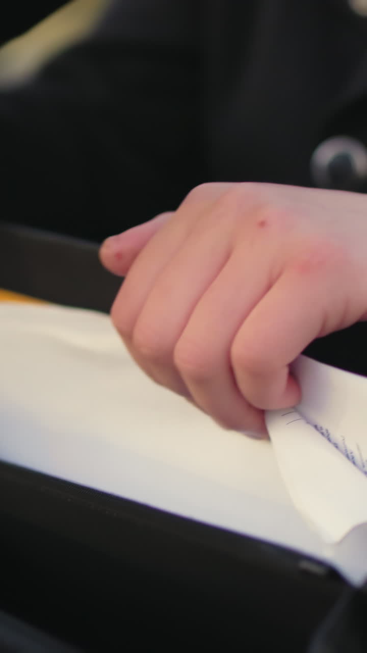 primer plano de la mano individual en ropa negra revisando documentos, recuperando el diario de la bolsa, fondo con objeto en movimiento poco claro y efecto de luz