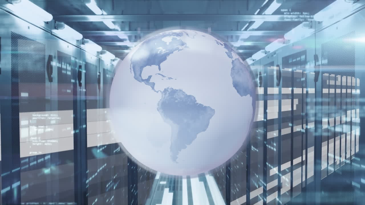Animation of data processing and globe over server room