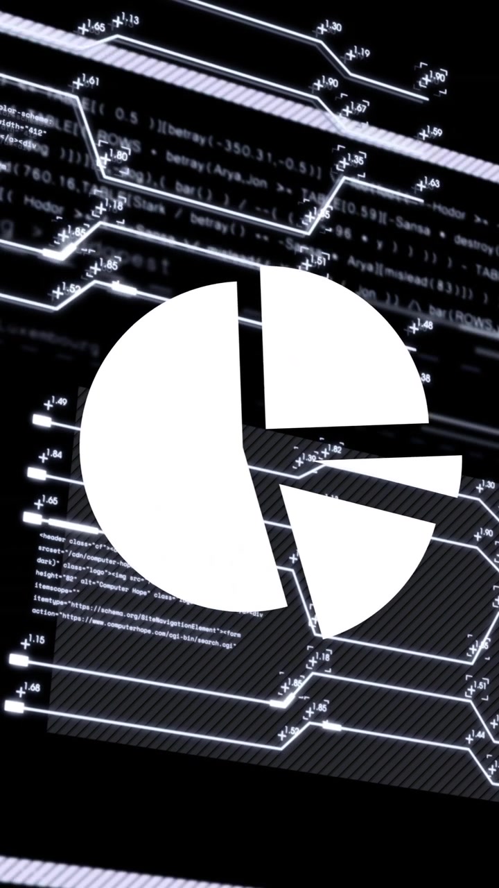 Animation of digital data processing and pie chart over black background