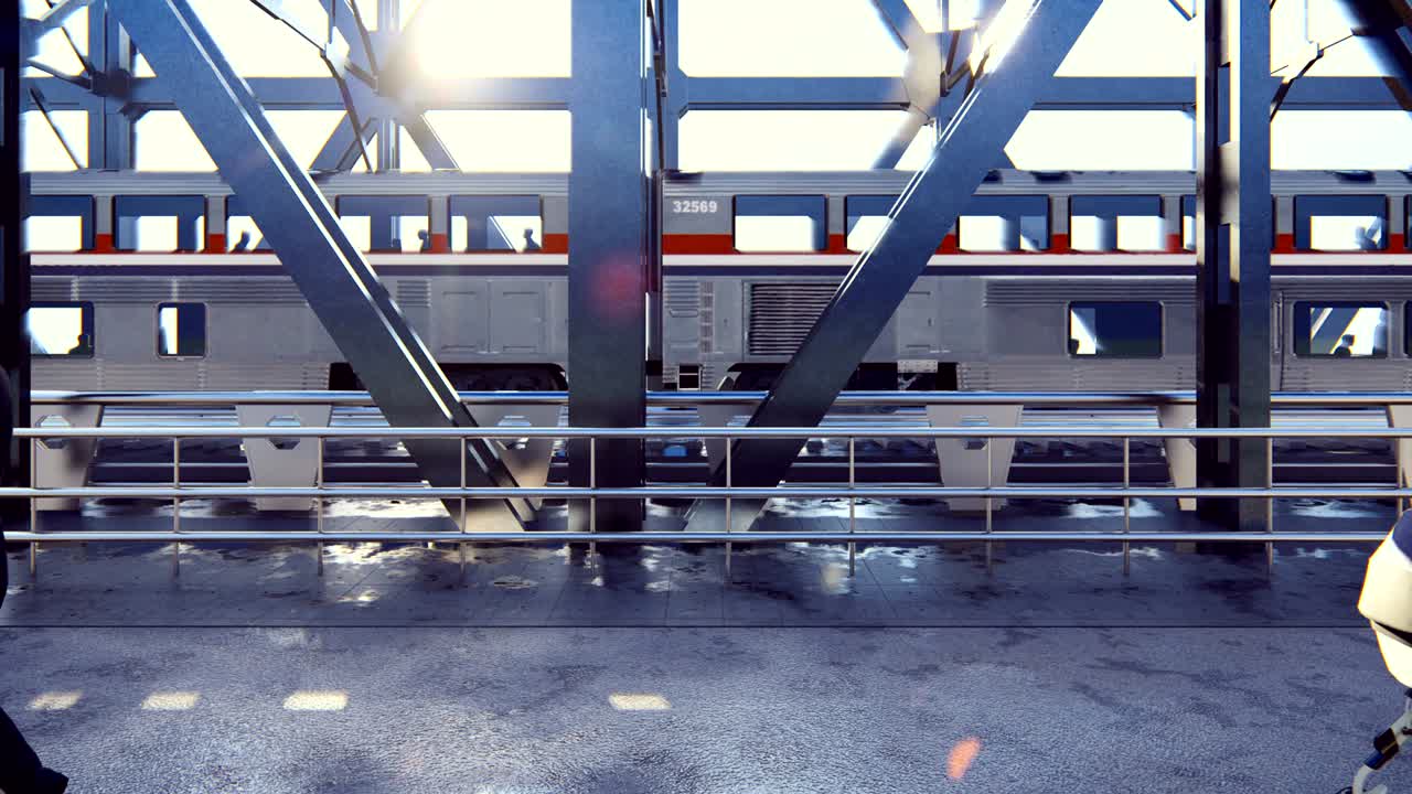 사람들이 은 아침에 여객 열차가 지나갈 때 철도 다리를 건너고 있습니다.